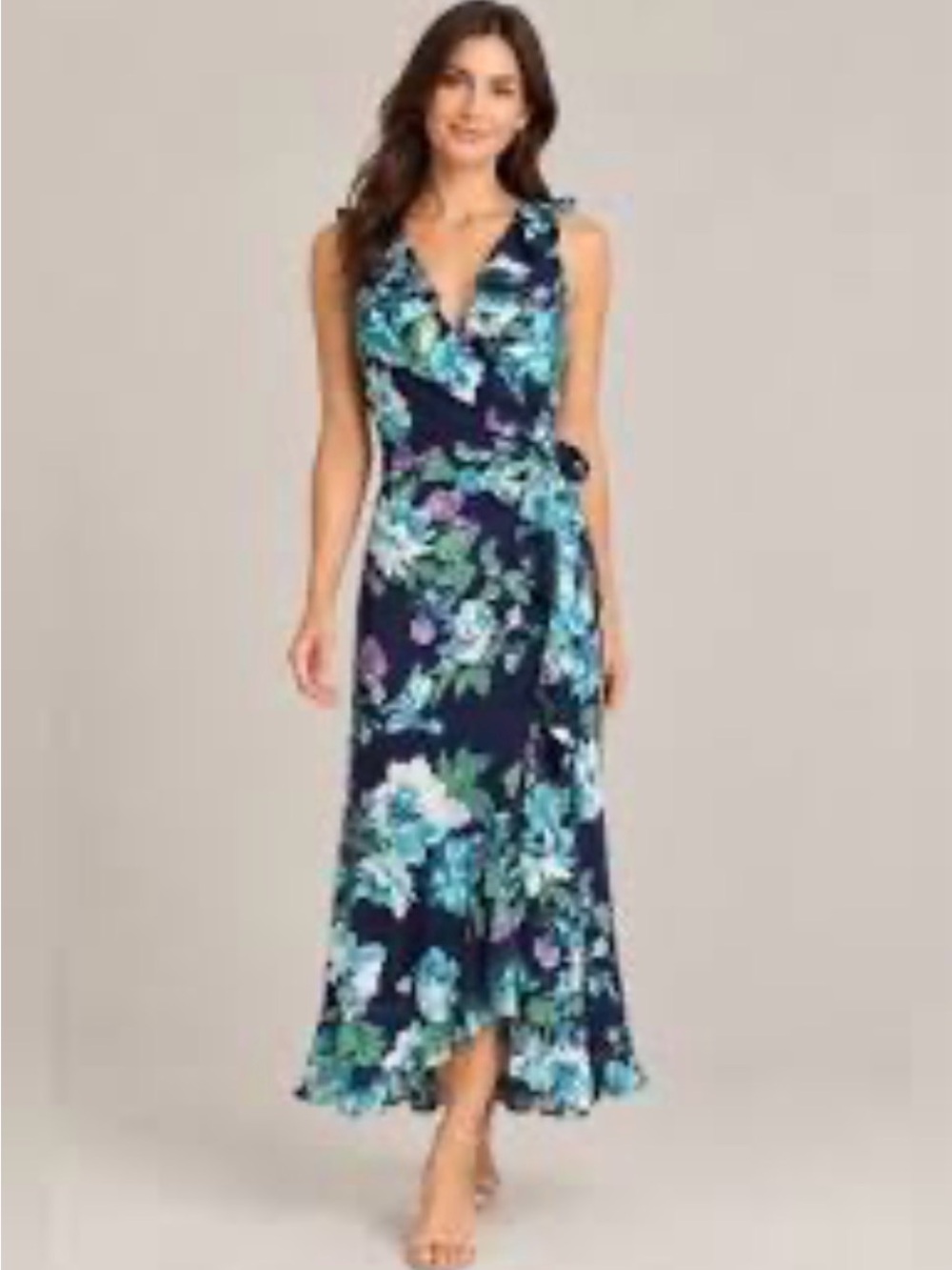London Times Navy Floral Ruffle Midi Dress Fall Wedding Guest Size 2